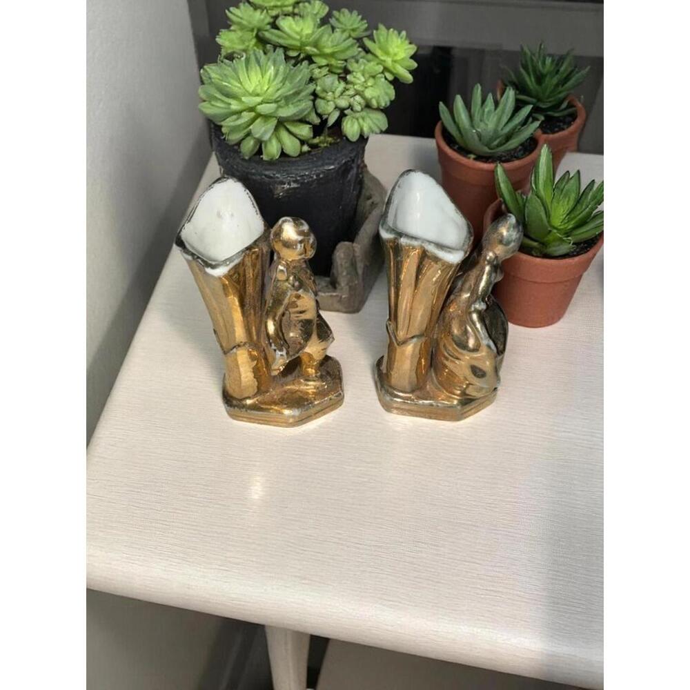 2 Miniature Porcelain Bud Vases Gold Color with a French Couple 2.5" Japan - Picture 4 of 8
